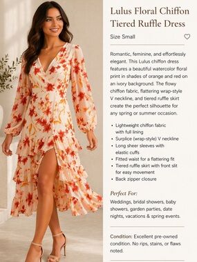 Lulu's Ivory Chiffon Tiered Ruffle Dress with Coral Orange and Gold Floral Print